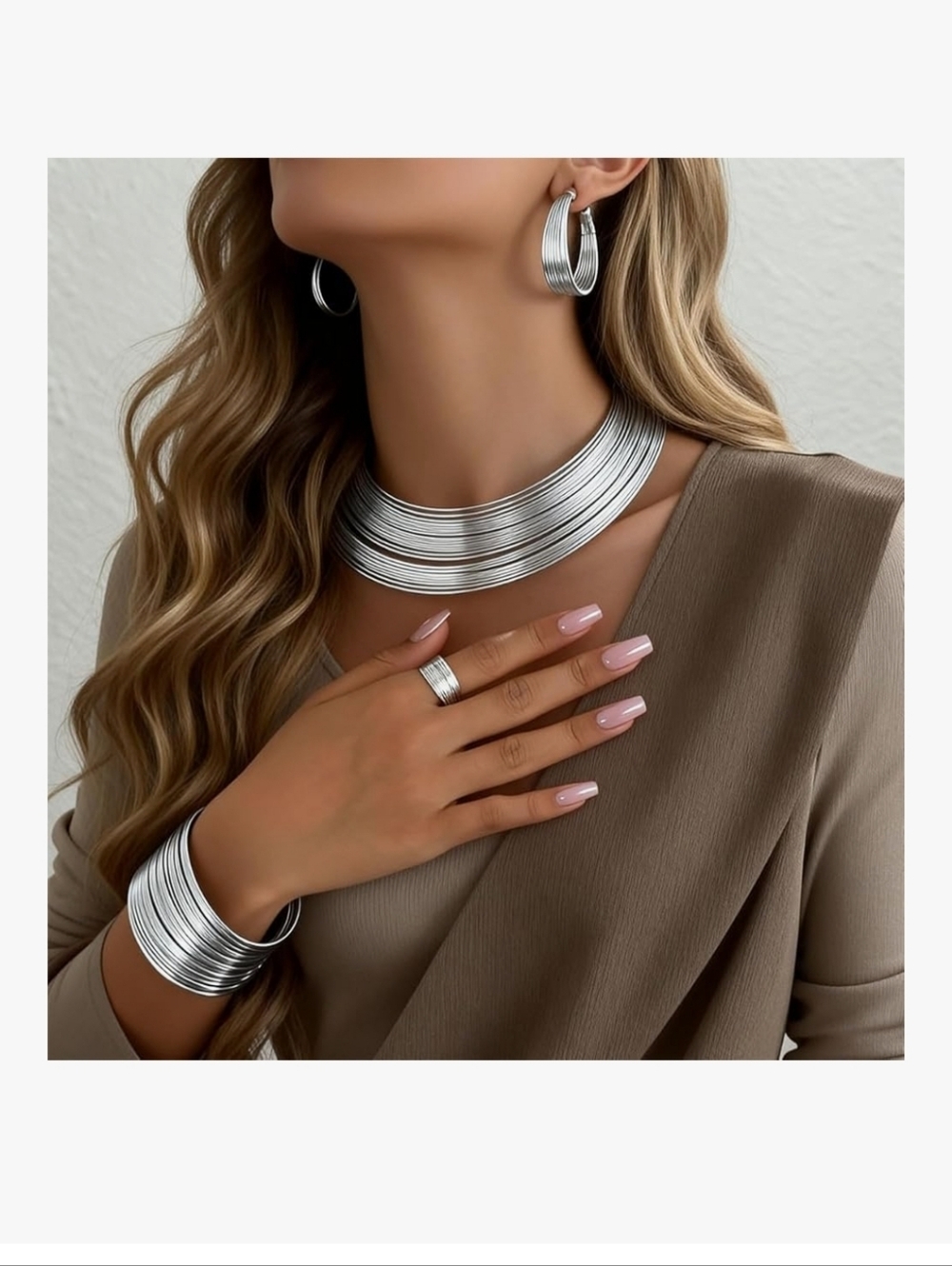 Silver Multi-Band Statement Necklace Set - Women Jewelry